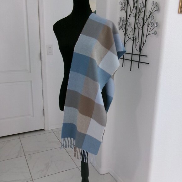 100% Cashmere Scottish Blue Tan Brown Scarf Wrap - Picture 1 of 7